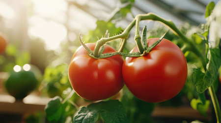 Two fresh red ripe tomatoes hang from a vine in a vibrant greenhouse, illuminated by soft sunlight, showcasing a healthy and lush gardening environment.の素材