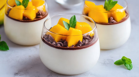 Indulge in a creamy dessert featuring layers of chocolate and fresh mango, beautifully presented in elegant glass bowls. Perfect for any occasion!の素材