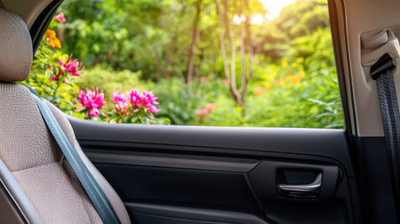 A captivating view from the inside of a car, highlighting blooming flowers and lush greenery, creating a serene atmosphere for relaxation and travel.の素材
