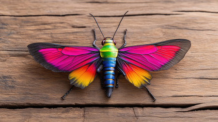 A stunning close-up image showcasing a colorful butterfly resting on a wooden surface, highlighting intricate patterns and vibrant colors in nature.の素材