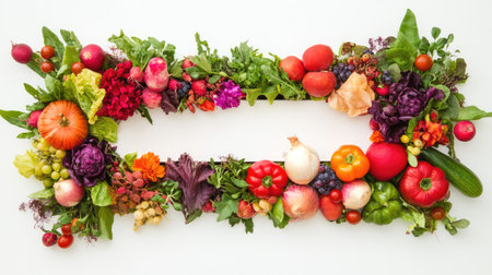 A stunning display of assorted fresh fruits and vegetables arranged creatively on a clean white background, showcasing vibrant colors and textures.の素材