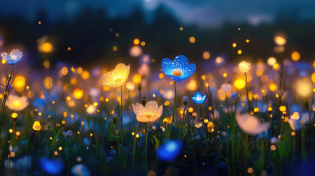 Discover a mesmerizing landscape filled with vibrant wildflowers illuminated by shimmering lights, creating a magical and tranquil evening ambiance.の素材