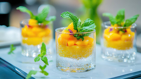 Indulge in a fresh and vibrant mango dessert garnished with mint, served in elegant glassware. Perfect for summer gatherings and upscale presentations.の素材