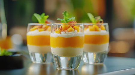 This delightful image features elegant dessert cups filled with layers of creamy mango and whipped cream, garnished with mint and fresh fruit. Perfect for summer gatherings.の素材
