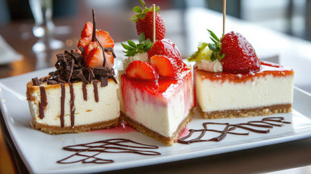A delightful trio of gourmet cheesecakes showcases rich flavors and vibrant toppings, featuring fresh strawberries and a chocolate drizzle for an elegant dessert experience.の素材