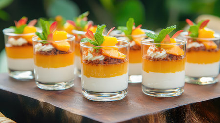 A stunning display of layered dessert cups featuring luscious mango, creamy layers, and a garnish of fresh mint, ideal for any event or gathering.の素材