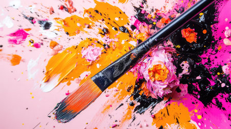 A dynamic composition featuring a paint brush with colorful bristles and vibrant flowers. Splashes of paint create an engaging, artistic atmosphere on a pink backdrop.の素材
