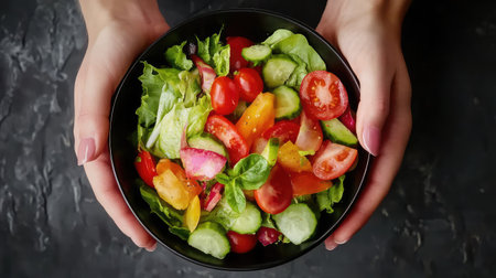 A vibrant bowl of fresh salad featuring crisp greens and assorted vegetables, held gently by hands against a dark backdrop, symbolizing health and nourishment.の素材
