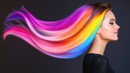 This captivating image features a woman in profile, showcasing vibrant rainbow hair flowing gracefully. The bold colors create a striking visual impact against a dark background, emphasizing beauty and artistic style.の素材