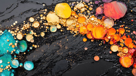 This captivating abstract artwork features an array of colorful paint splatters against a dark background, showcasing vibrant hues and intricate textures.の素材