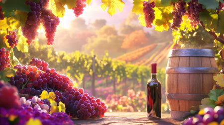 A picturesque vineyard scene featuring ripe grapes, a rustic barrel, and a wine bottle, bathed in warm sunlight. Perfect for food and travel themes.の素材