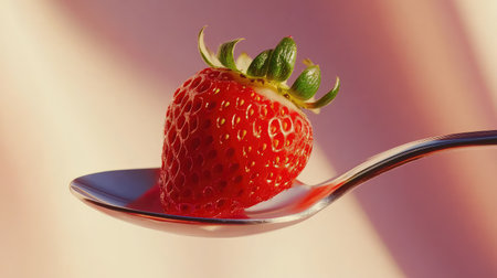 A stunning close-up photograph showcasing a ripe strawberry resting on a silver spoon, with an elegant soft gradient background highlighting its vibrant color and freshness.の素材