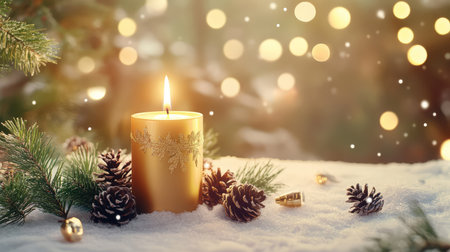 A warm golden candle surrounded by pine cones and greenery creates a cozy holiday atmosphere, illuminated by soft bokeh lights in the background.の素材
