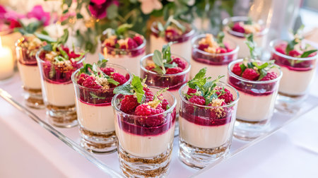 A stunning display of raspberry mousse dessert presented in elegant glass cups, garnished with fresh mint and edible gold flakes for a luxurious touch.の素材