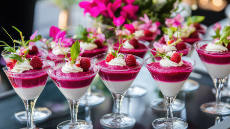 This image showcases elegant berry desserts presented in stylish glasses, featuring whipped cream and fresh garnishes perfect for any celebration or event.の素材