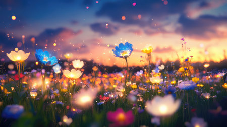A breathtaking scene of a wildflower field at sunset, featuring an array of colorful blooms surrounded by shimmering lights and a soft bokeh effect.の素材