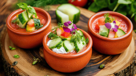 Delight in these vibrant vegetable cups featuring fresh cucumber, tomato, and aromatic herbs, all artfully garnished with edible flowers. Perfect for healthy dining.の素材