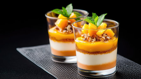 This enticing dessert features vibrant layers of creamy mango mousse, yogurt, and crunchy toppings, elegantly presented in glass cups with mint.の素材