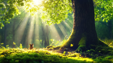 This enchanting forest scene captures a cute cat resting under a majestic tree, with vibrant sunlight streaming through lush leaves, creating a serene atmosphere.の素材