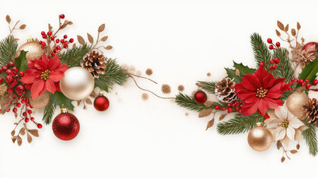 A beautiful holiday-themed arrangement featuring vibrant red flowers, gold and red ornaments, and natural pine cones, perfect for festive decorations.の素材