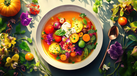 A stunning and vibrant bowl of vegetable soup adorned with edible flowers, reflecting freshness and creativity in a colorful, natural setting. Perfect for food lovers.の素材