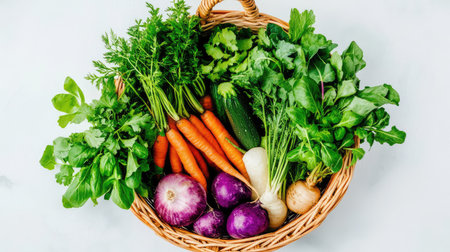 A vibrant assortment of fresh organic vegetables arranged in a woven basket, featuring carrots, radishes, and various greens, perfect for healthy meals.の素材