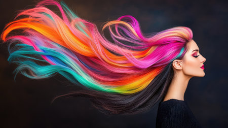 This artistic portrait showcases a stunning model with vibrant rainbow hair flowing gracefully. The striking colors and creative makeup evoke beauty and elegance, perfect for fashion and beauty themes.の素材