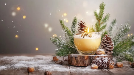 A beautifully styled winter drink sits on a rustic wooden table, surrounded by fir branches and pine cones, creating a cozy and festive atmosphere.の素材