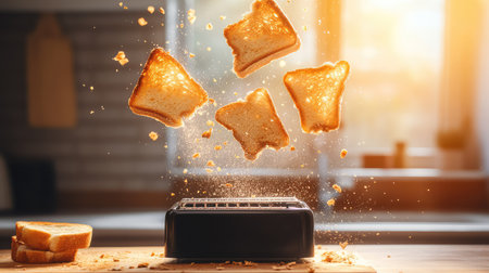 A captivating scene of toast flying from a toaster in a sunlit kitchen, evoking warmth and inviting mornings, perfect for breakfast enthusiasts.の素材