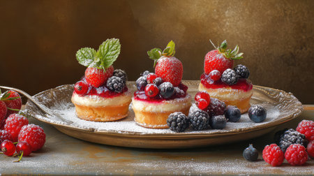 A stunning arrangement of miniature cakes adorned with rich berries and mint, showcasing vibrant colors that celebrate sweet indulgence and culinary artistry.の素材
