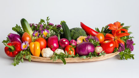 A vibrant and colorful arrangement of fresh organic vegetables and edible flowers showcases the beauty of nature's harvest in a decorative basket.の素材