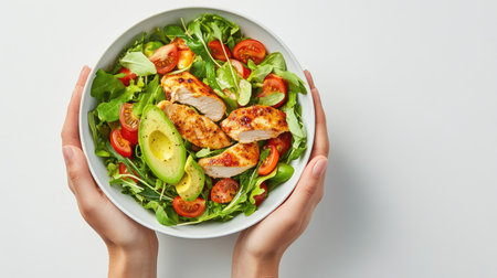 A vibrant bowl of fresh salad featuring grilled chicken, creamy avocado, and juicy cherry tomatoes, all held by hands against a clean, white background.の素材