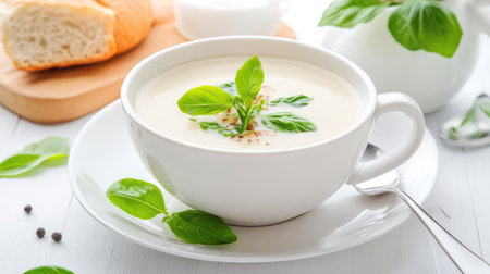 A delicious creamy soup garnished with fresh basil leaves, served with crusty bread, set against a bright kitchen backdrop. Perfect for any meal.の素材