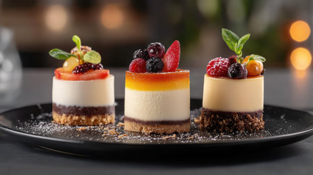 An exquisite display of mini cheesecakes topped with fresh berries and fruits on a stylish black plate, perfect for any upscale event or gathering.の素材