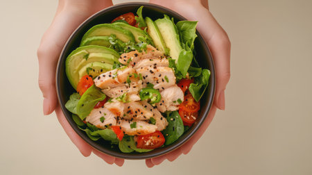A vibrant and nutritious salad featuring fresh salmon, creamy avocado, and juicy cherry tomatoes, beautifully presented in hands for a healthy meal choice.の素材