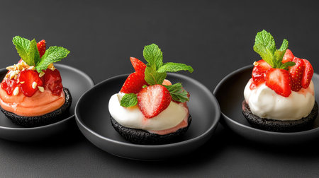 An exquisite display of strawberry cupcakes featuring luscious cream and fresh mint, perfect for parties or special occasions, served on sleek black plates.の素材