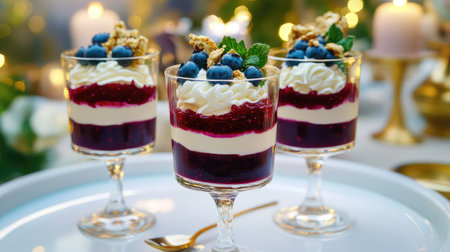 A delightful dessert featuring layers of blueberries, whipped cream, and red fruit in elegant glasses, perfect for festive occasions and celebrations.の素材