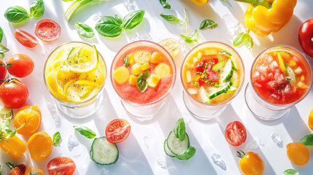 This vibrant image showcases a selection of fresh fruit and vegetable juices in clear glasses, garnished with herbs and surrounded by colorful ingredients.の素材