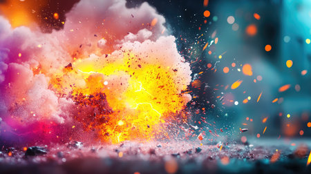 A striking representation of an explosion featuring a colorful mixture of smoke and debris. Bright sparks illuminate the background, creating a dynamic visual experience.の素材