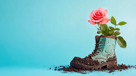 Unique vintage boot filled with a gorgeous pink rose and soil, symbolizing the harmony between nature and creativity against a teal backdrop.の素材