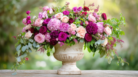 This stunning floral arrangement features a mix of vibrant roses and hydrangeas in a vintage vase, creating a beautiful centerpiece for any occasion.の素材