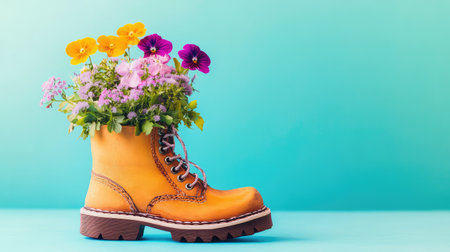 A vibrant yellow boot serves as a charming planter filled with colorful flowers, set against a soft blue backdrop for a fresh, artistic look.の素材