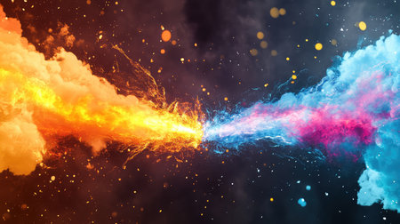 A striking visual of vibrant flames and smoke merging in a cosmic backdrop, showcasing dynamic energy and an explosion of colors that captivate the viewer.の素材