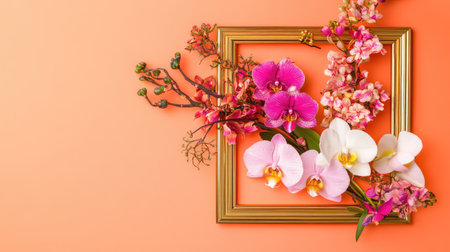 A stunning arrangement of pink and white orchids elegantly displayed in a golden frame against a coral orange background, creating a vibrant art piece.の素材