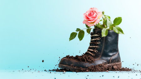 A vintage boot filled with fertile soil and a blooming rose, set against a soothing blue background, symbolizes growth and transformation in nature.の素材