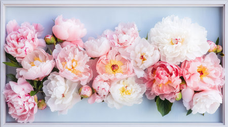 This stunning image features an elegant arrangement of soft pink and white peonies framed beautifully against a light blue background, showcasing floral beauty and tranquility.の素材