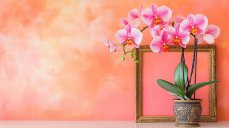A stunning display of pink orchids in a decorative pot against a soft orange background. This arrangement, framed beautifully, adds elegance to any space.の素材