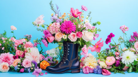This captivating image showcases a blue boot filled with a vibrant assortment of fresh flowers against a bright blue backdrop. A perfect embodiment of spring's beauty, it highlights artistry in floral arrangements.の素材