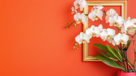 Stunning arrangement of white orchids framed in gold against a vibrant orange background. Perfect for home decor, floral art, and modern design inspiration.の素材