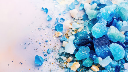 A stunning collection of blue and turquoise crystals scattered artistically against a soft background, showcasing unique textures and sparkling details.の素材